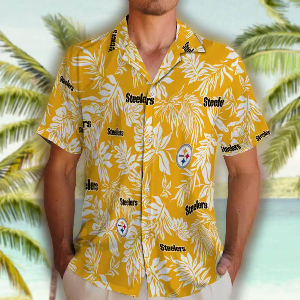 Pittsburgh Steelers Hawaiian Shirt Tropical Leaf Gold White Design Pittsburgh Steelers Hawaiian Shirt Tropical Leaf Gold White Design