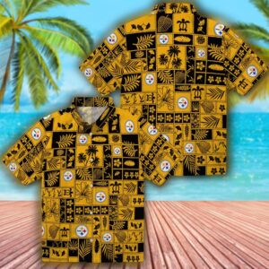 Pittsburgh Steelers Hawaiian Shirt Tropical Patchwork Black Gold Design 3
