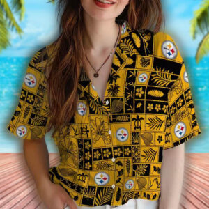 Pittsburgh Steelers Hawaiian Shirt Tropical Patchwork Black Gold Design 4