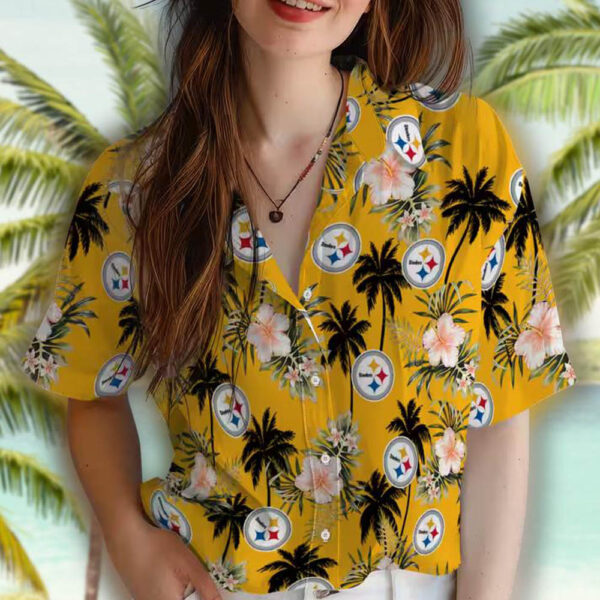 Pittsburgh Steelers Hawaiian Shirt with Palm Tree Gold Design 4