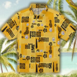 Pittsburgh Steelers Hawaiian Shirt with Tribal Gold Design 1