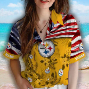 Pittsburgh Steelers Hawaiian Shirt with US Flag Hibiscus Gold Design 4