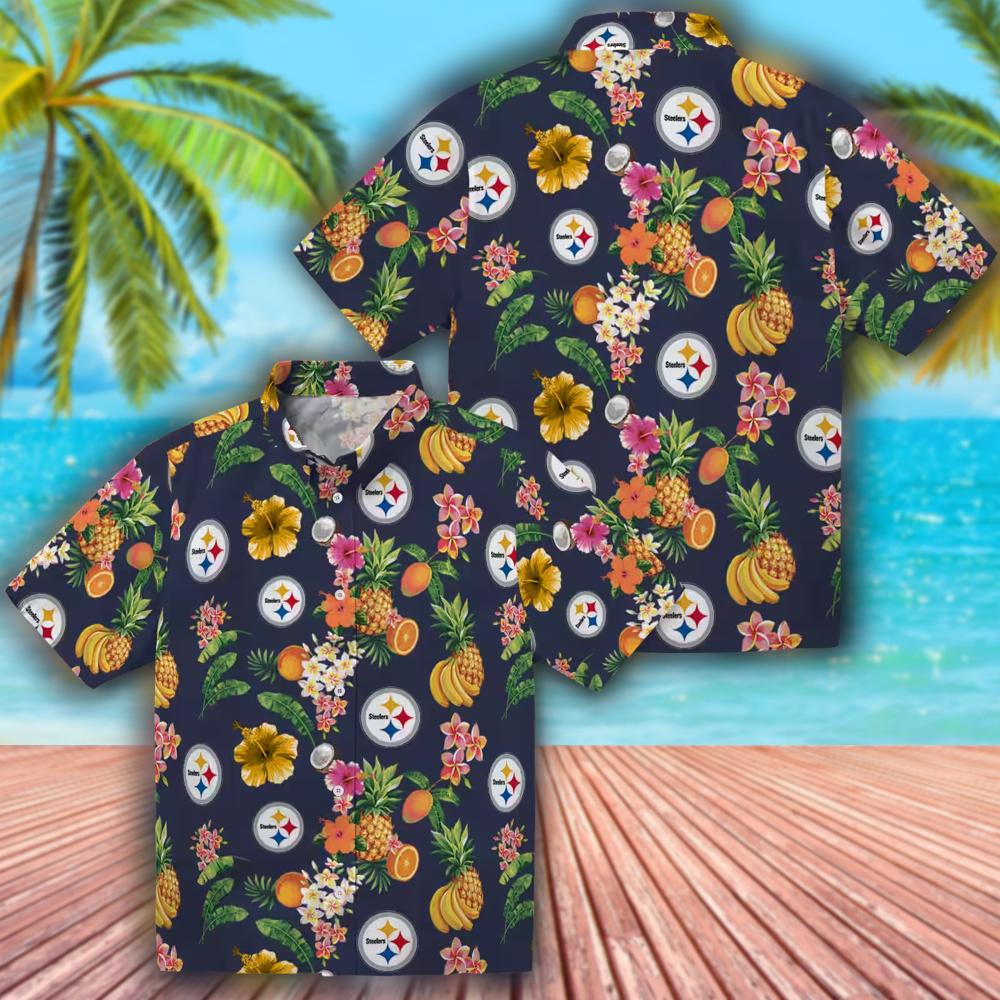 Pittsburgh Steelers Navy Blue Hawaiian Shirt with Hibiscus Fruit Design Pittsburgh Steelers Navy Blue Hawaiian Shirt with Hibiscus Fruit Design