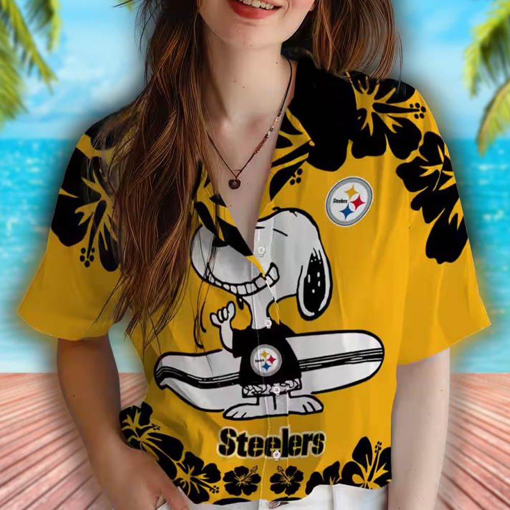 Pittsburgh Steelers Snoopy Surf Hawaiian Shirt Gold White Design Pittsburgh Steelers Snoopy Surf Hawaiian Shirt Gold White Design