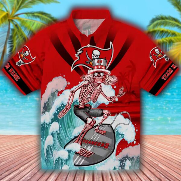 Tampa Bay Buccaneers Hawaiian Shirt Red Blue Surfing Skeleton Design 1