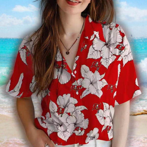 Tampa Bay Buccaneers Hawaiian Shirt Red White Hibiscus Blooms Design 4
