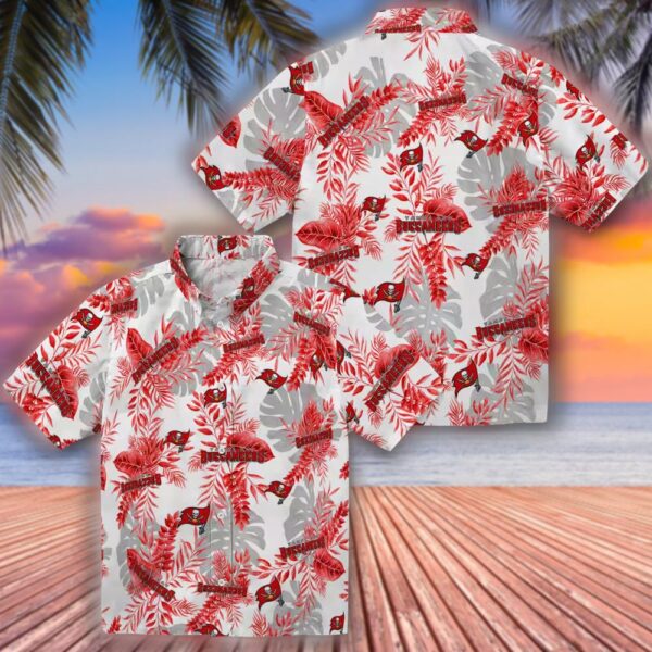 Tampa Bay Buccaneers Hawaiian Shirt Red White Tropical Leaves Design 3