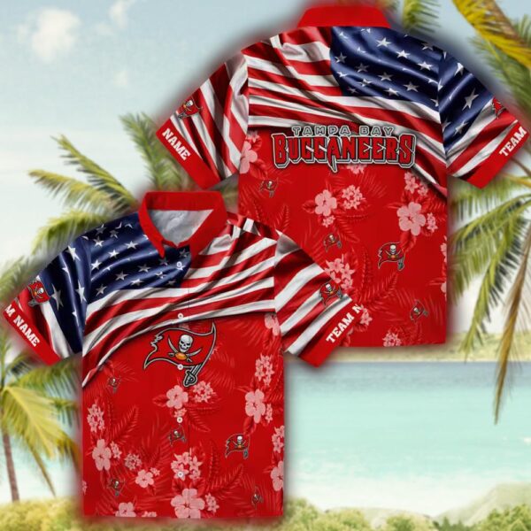 Tampa Bay Buccaneers Red Hawaiian Shirt Custom US Flag Hibiscus Design 3