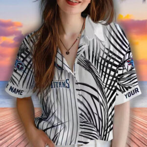 Tennessee Titans Hawaiian Shirt Navy Black White Palm Stripes Design 4