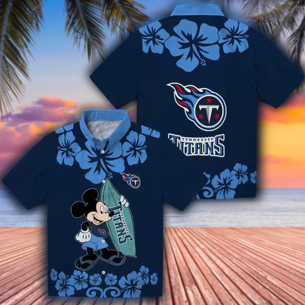 Tennessee Titans Navy Hawaiian Surfing Mickey Shirt for Fans Tennessee Titans Navy Hawaiian Surfing Mickey Shirt for Fans