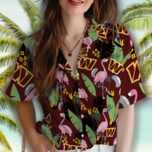 Washington Commanders Burgundy Hawaiian Shirt with Flamingo Leaves Design 4
