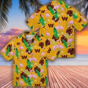 Washington Commanders Hawaiian Shirt Flamingo Foliage Burgundy Green Design 3