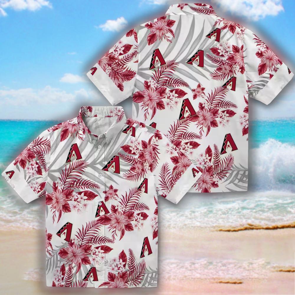 Arizona Diamondbacks Hawaiian Shirt Red White Hibiscus Palm Leaves Arizona Diamondbacks Hawaiian Shirt Red White Hibiscus Palm Leaves