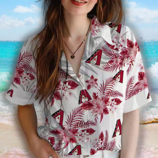 Arizona Diamondbacks Hawaiian Shirt Red White Hibiscus Palm Leaves 4