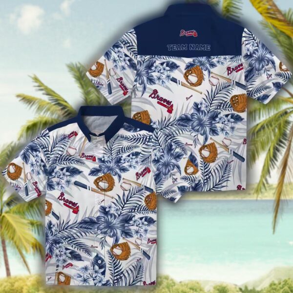 Atlanta Braves Floral Hawaiian Shirt Navy White Baseball Personalized Design 3