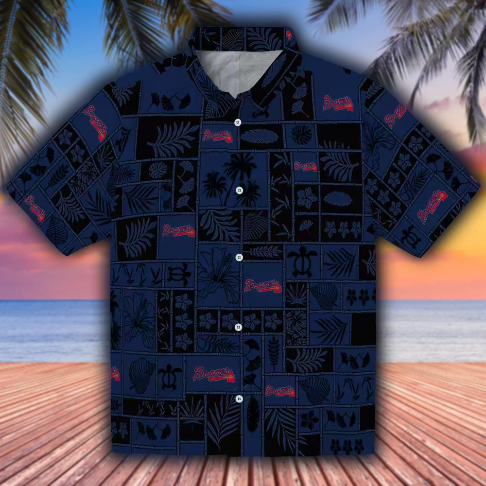 Atlanta Braves Hawaiian Shirt Navy Black Tropical Patchwork Design Atlanta Braves Hawaiian Shirt Navy Black Tropical Patchwork Design