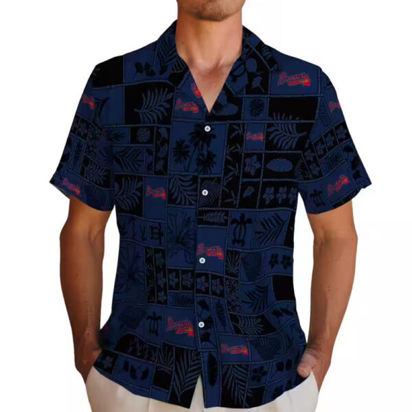 Atlanta Braves Hawaiian Shirt Navy Black Tropical Patchwork Design 2