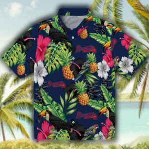 Atlanta Braves Hawaiian Shirt Navy Green Hibiscus Pineapple Design 1