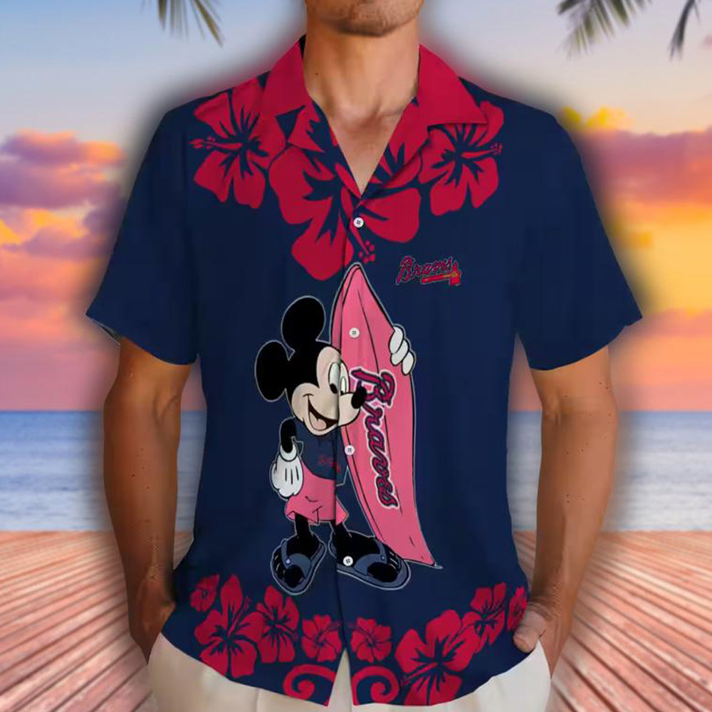 Atlanta Braves Hawaiian Shirt Navy Surfing Mickey Design Atlanta Braves Hawaiian Shirt Navy Surfing Mickey Design