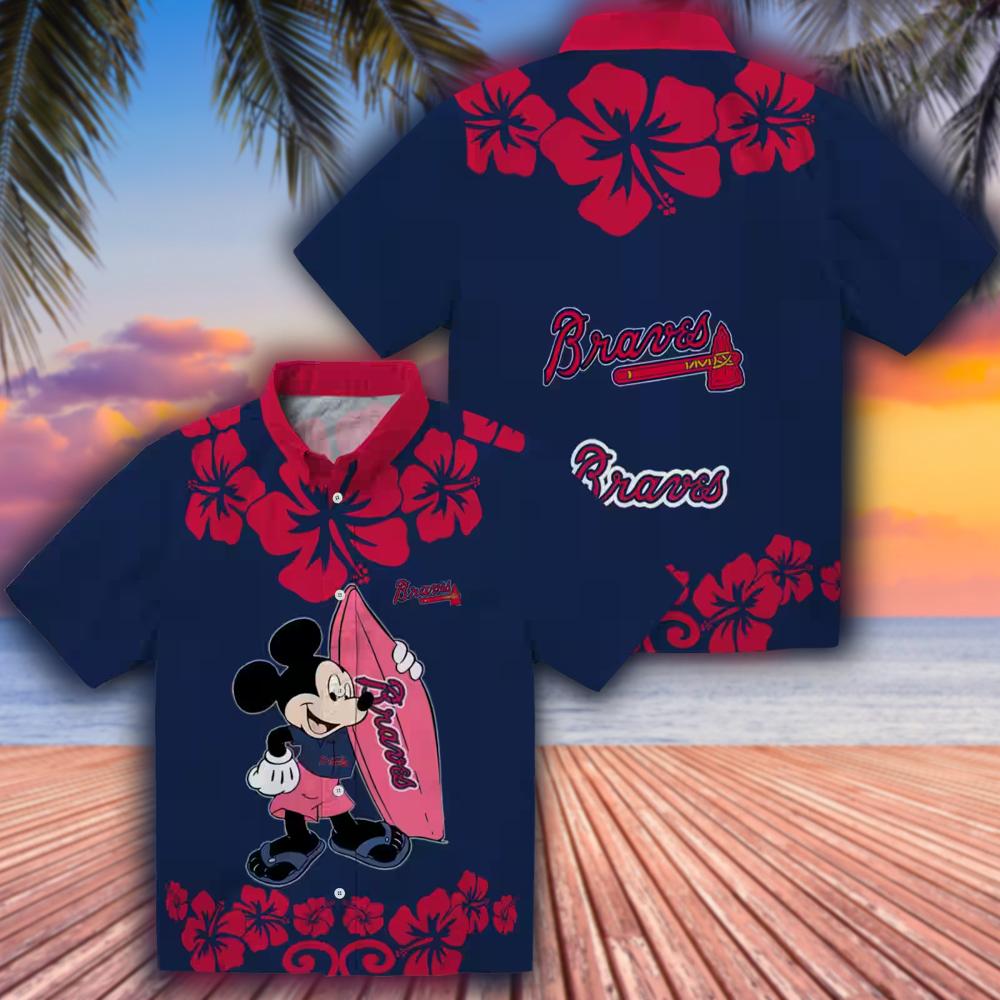 Atlanta Braves Hawaiian Shirt Navy Surfing Mickey Design Atlanta Braves Hawaiian Shirt Navy Surfing Mickey Design
