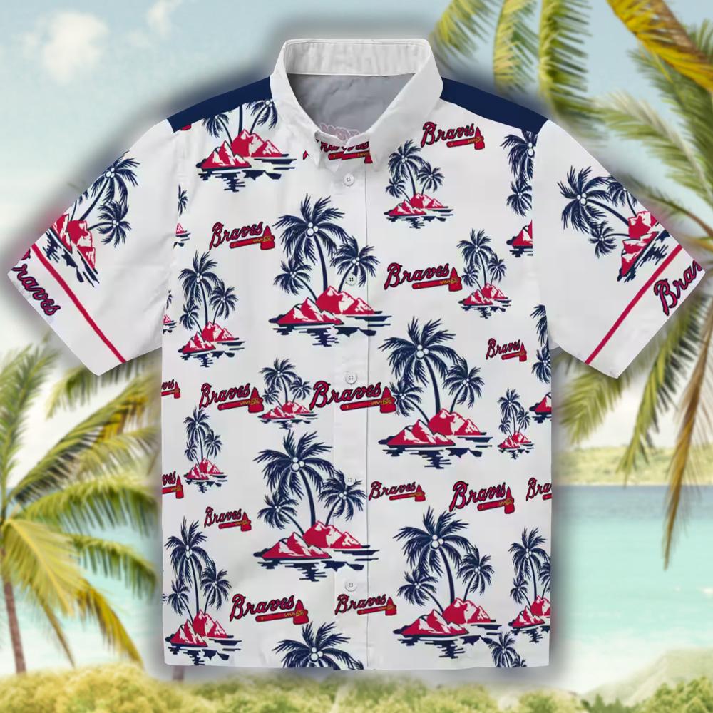 Atlanta Braves Hawaiian Shirt Navy White Palm Island Print Atlanta Braves Hawaiian Shirt Navy White Palm Island Print