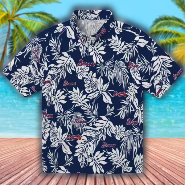 Atlanta Braves Hawaiian Shirt Navy White Tropical Leaf Design 1