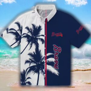 Atlanta Braves Hawaiian Shirt Palm Trees Navy White Design 1