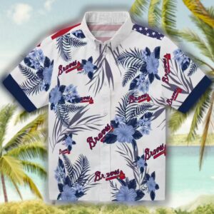 Atlanta Braves Hawaiian Shirt Patriotic Hibiscus Navy White Design 1