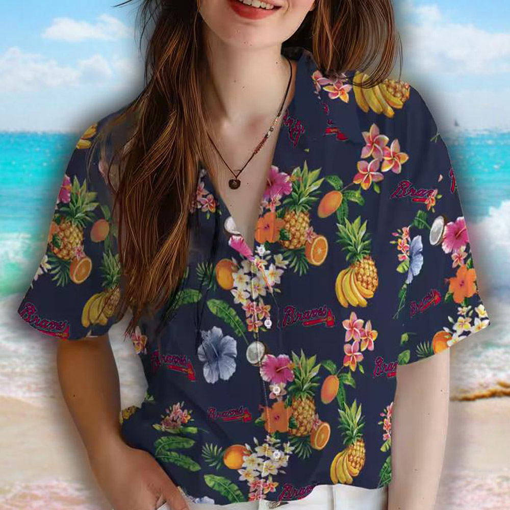 Atlanta Braves Navy Blue Hawaiian Shirt with Hibiscus and Fruit Design Atlanta Braves Navy Blue Hawaiian Shirt with Hibiscus and Fruit Design