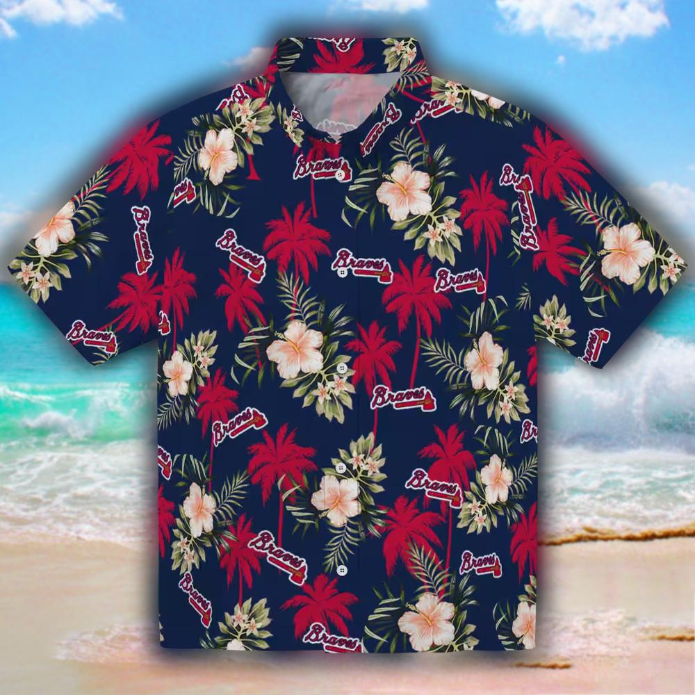 Atlanta Braves Navy Hawaiian Shirt Palm Tree Flower Design Atlanta Braves Navy Hawaiian Shirt Palm Tree Flower Design