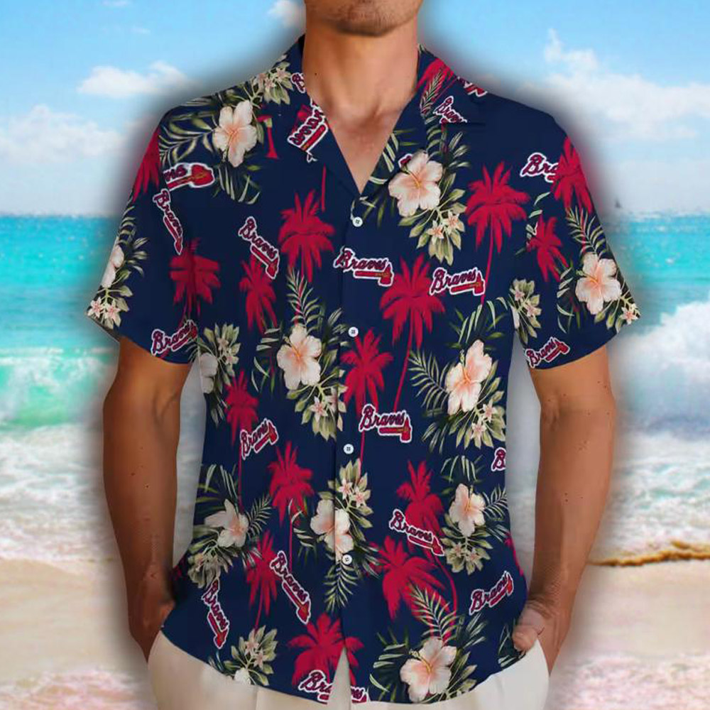 Atlanta Braves Navy Hawaiian Shirt Palm Tree Flower Design Atlanta Braves Navy Hawaiian Shirt Palm Tree Flower Design