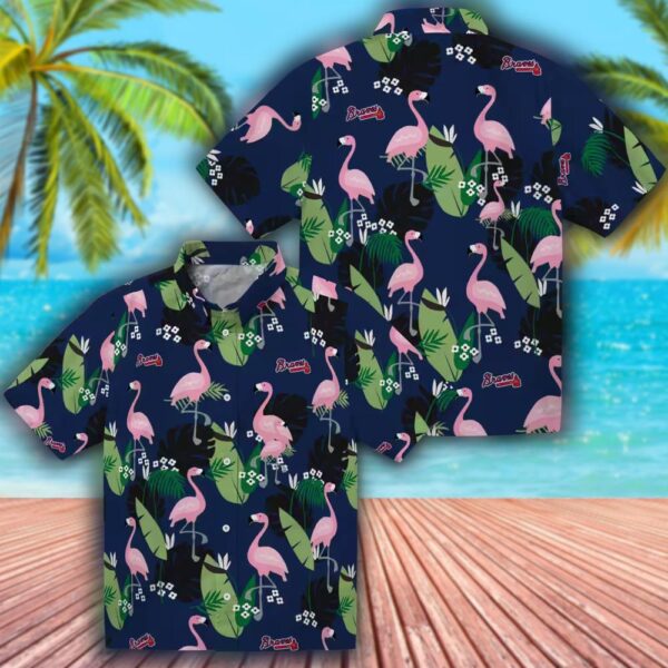 Atlanta Braves Navy Hawaiian Shirt with Flamingo Leaf Design 3