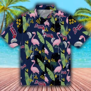 Atlanta Braves Navy Hawaiian Shirt with Flamingo Leaves Design 1