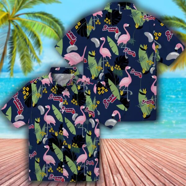 Atlanta Braves Navy Hawaiian Shirt with Flamingo Leaves Design 3