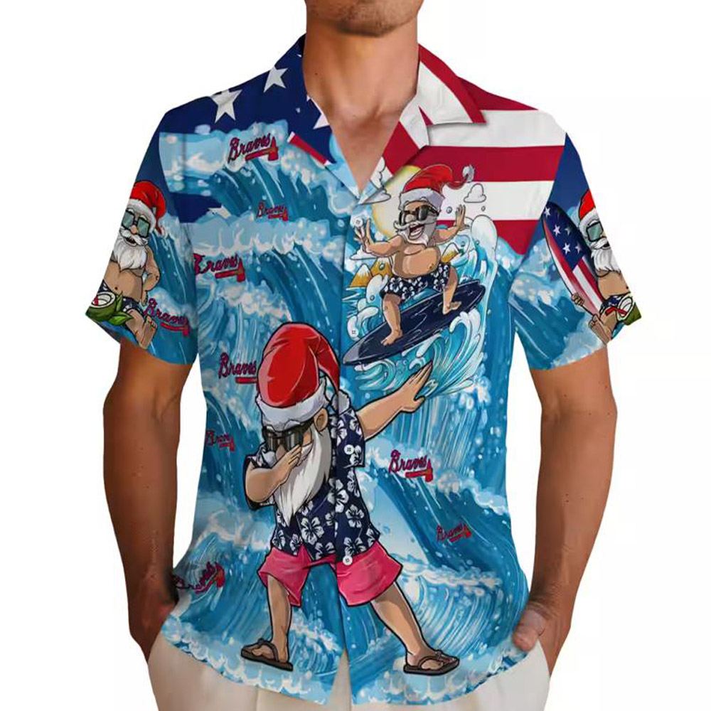 Atlanta Braves Surfing Santa Hawaiian Shirt in Blue Atlanta Braves Surfing Santa Hawaiian Shirt in Blue