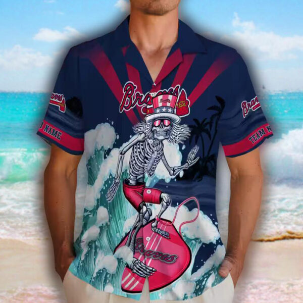 Atlanta Braves Surfing Skeleton Navy Blue Hawaiian Shirt Custom 2