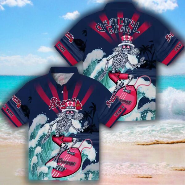 Atlanta Braves Surfing Skeleton Navy Blue Hawaiian Shirt Custom 3