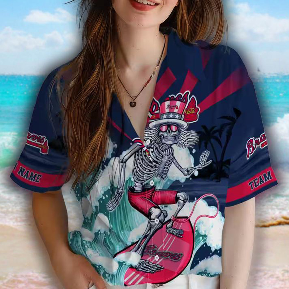 Atlanta Braves Surfing Skeleton Navy Blue Hawaiian Shirt Custom Atlanta Braves Surfing Skeleton Navy Blue Hawaiian Shirt Custom