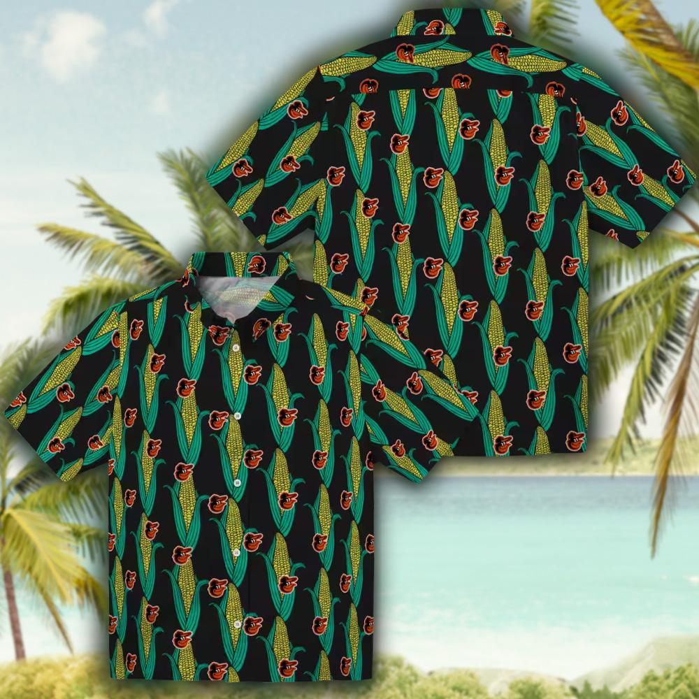 Baltimore Orioles Hawaiian Shirt Black Green Corn Motif Design Baltimore Orioles Hawaiian Shirt Black Green Corn Motif Design