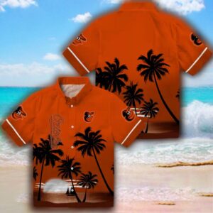 Baltimore Orioles Hawaiian Shirt Orange Black Beach Sunset Design 3