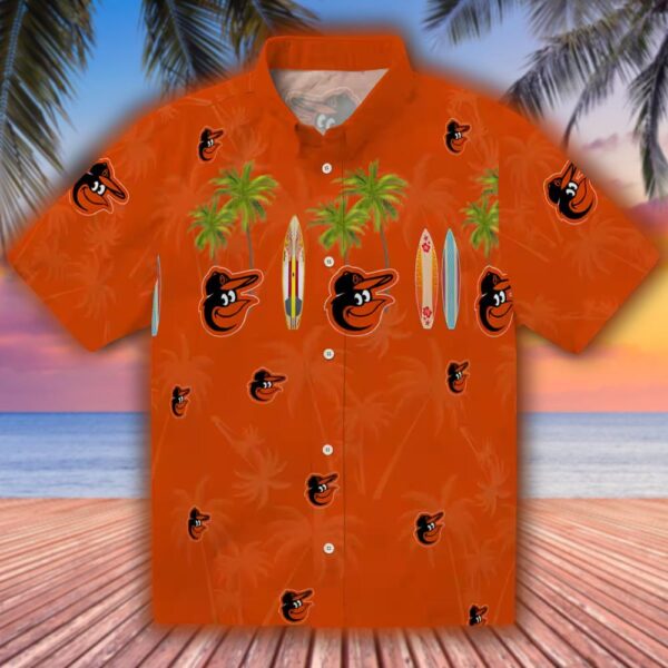 Baltimore Orioles Hawaiian Shirt Surfboard Palm Orange Design 1