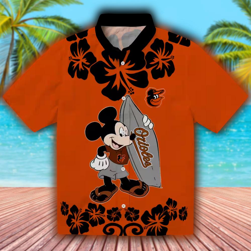 Baltimore Orioles Hawaiian Shirt Surfing Mickey Orange Design Baltimore Orioles Hawaiian Shirt Surfing Mickey Orange Design