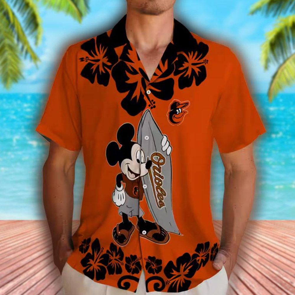 Baltimore Orioles Hawaiian Shirt Surfing Mickey Orange Design Baltimore Orioles Hawaiian Shirt Surfing Mickey Orange Design
