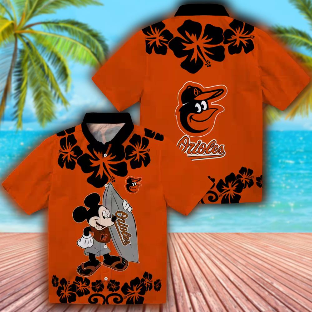 Baltimore Orioles Hawaiian Shirt Surfing Mickey Orange Design Baltimore Orioles Hawaiian Shirt Surfing Mickey Orange Design