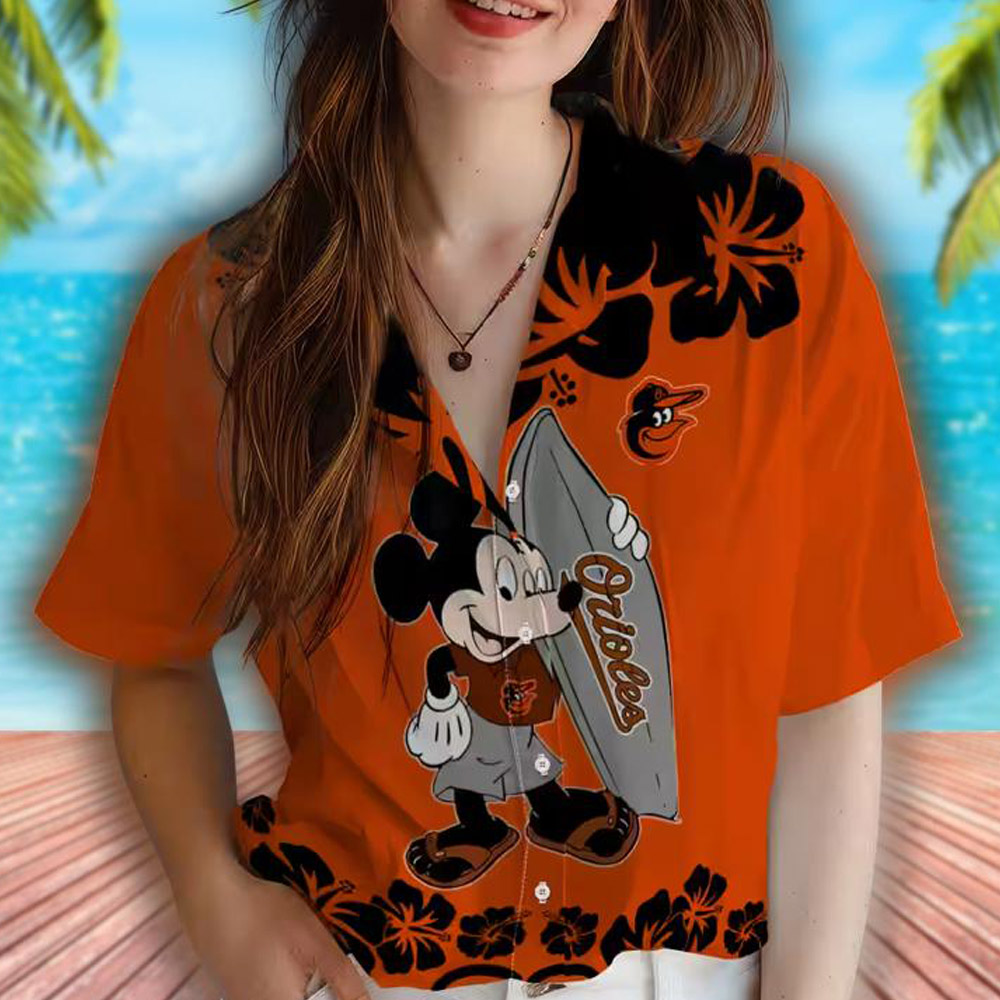 Baltimore Orioles Hawaiian Shirt Surfing Mickey Orange Design Baltimore Orioles Hawaiian Shirt Surfing Mickey Orange Design
