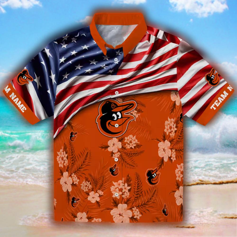 Baltimore Orioles Hawaiian Shirt US Flag Hibiscus Orange Design Baltimore Orioles Hawaiian Shirt US Flag Hibiscus Orange Design