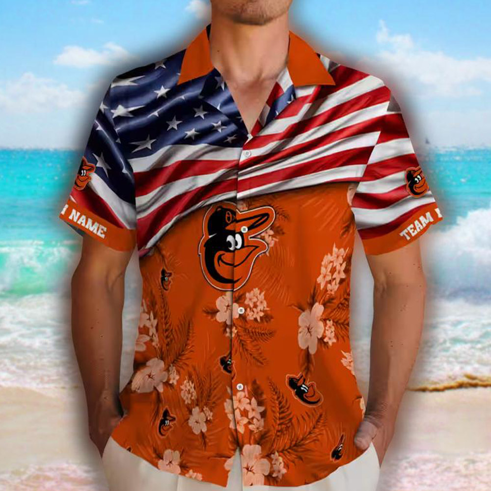 Baltimore Orioles Hawaiian Shirt US Flag Hibiscus Orange Design Baltimore Orioles Hawaiian Shirt US Flag Hibiscus Orange Design