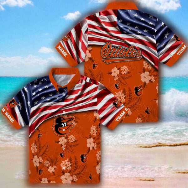 Baltimore Orioles Hawaiian Shirt US Flag Hibiscus Orange Design 3
