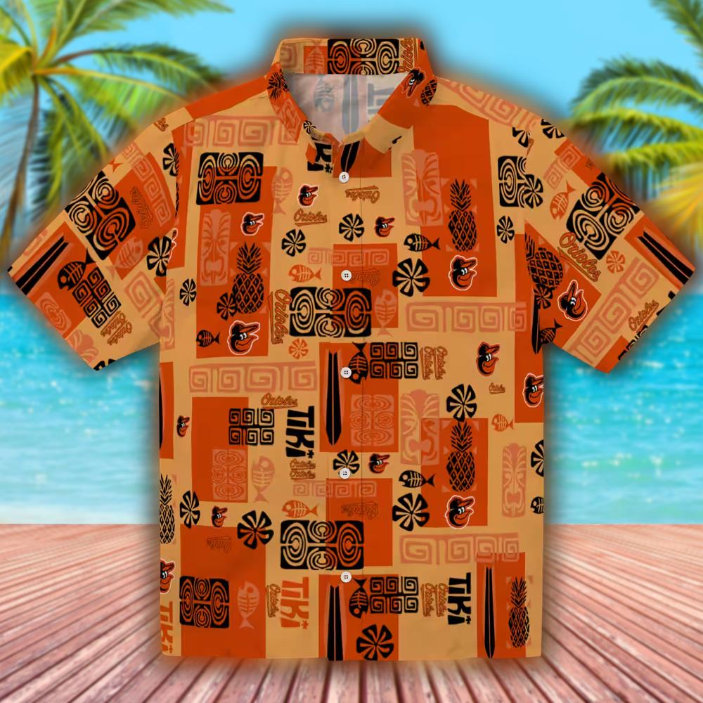 Baltimore Orioles Hawaiian Shirt with Tribal Symbols in Orange Baltimore Orioles Hawaiian Shirt with Tribal Symbols in Orange
