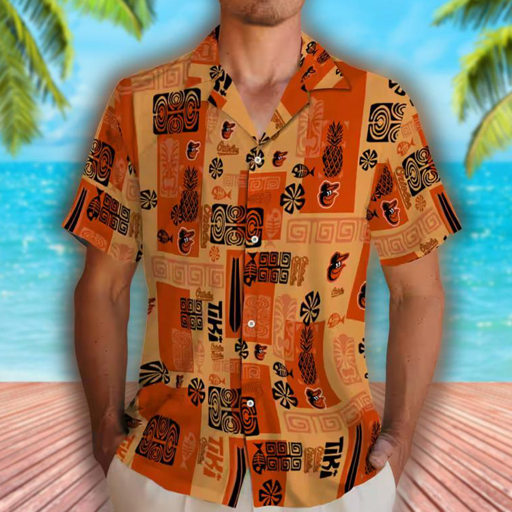 Baltimore Orioles Hawaiian Shirt with Tribal Symbols in Orange Baltimore Orioles Hawaiian Shirt with Tribal Symbols in Orange